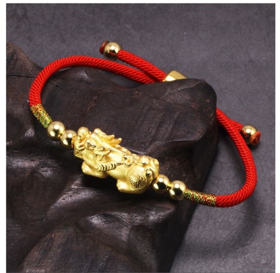 NEW Pure 24K Yellow Gold Dog Bead Lucky Red Cord Knitted Bracelet NEW Pure 24K Yellow Gold Dog Bead Lucky Red Cord Knitted Bracelet