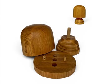 Wooden Hat Block Set with Brim Plate and Stand, Round & Regular vs Long Oval Millinery Form - 14 Sizes - 4 Wood Finishes