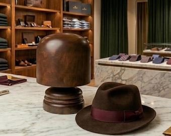 Wooden Hat Block on Stand – Hat Display & Wig Stand | Fedora Display, Photography Prop, Gift for Him | 4 Wood Finishes