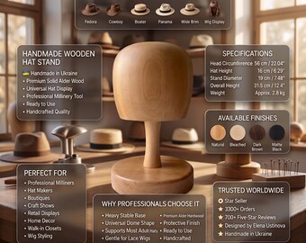 Handmade Wooden Hat Block Stand, Millinery Display Tool, Wig  display picture 1