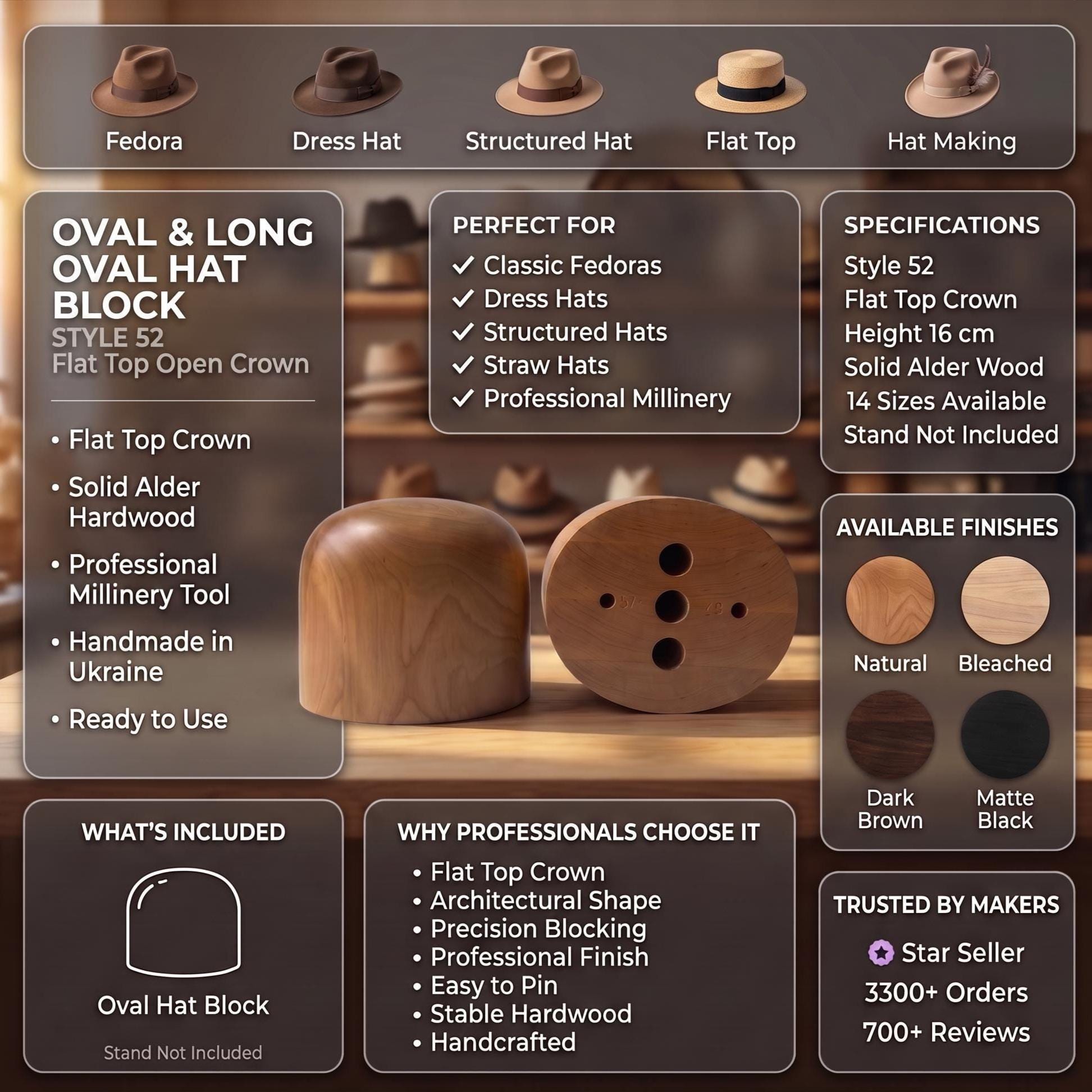 Regular Oval & Long Oval Hat Block Style 52 – Wooden Open Crown