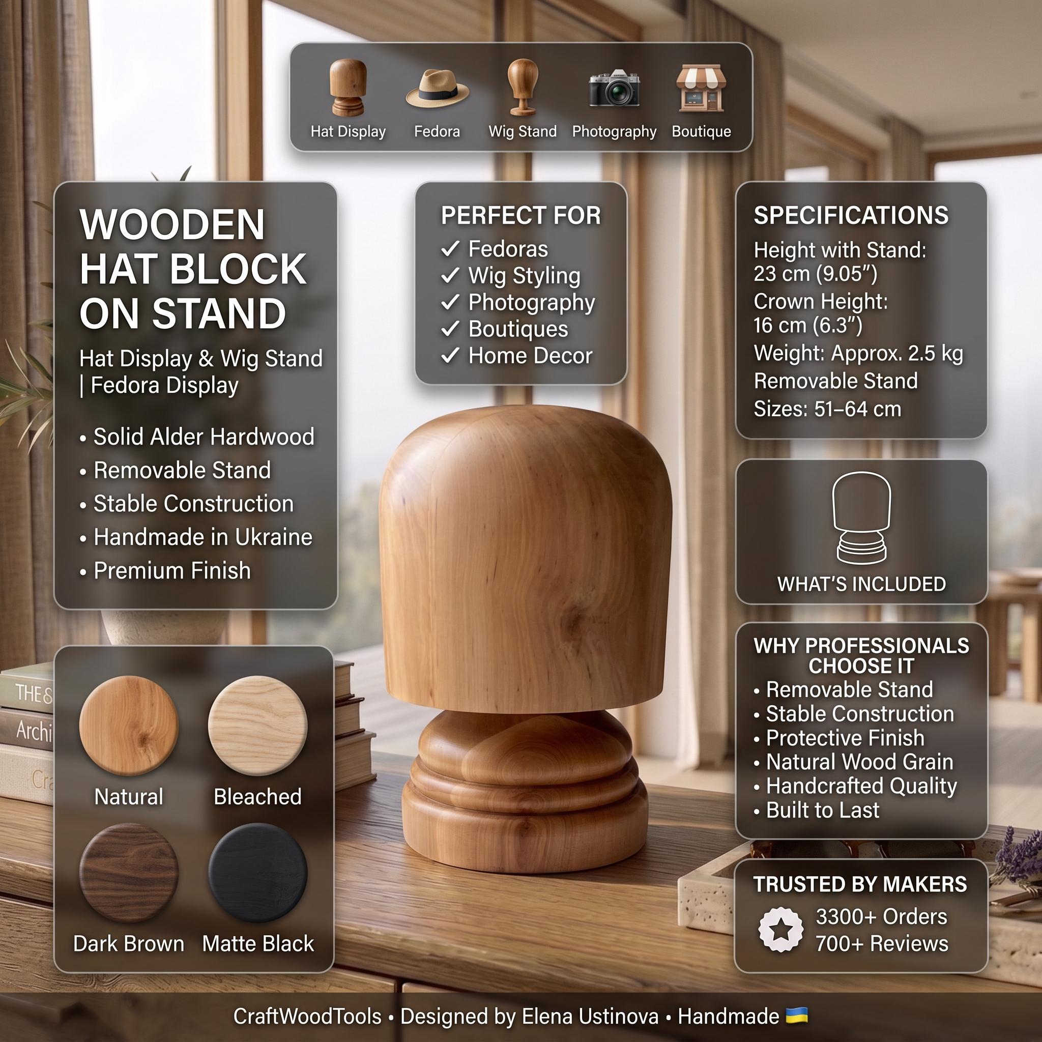 Wooden Hat Block on Stand – Hat Display & Wig Stand | Fedora 
