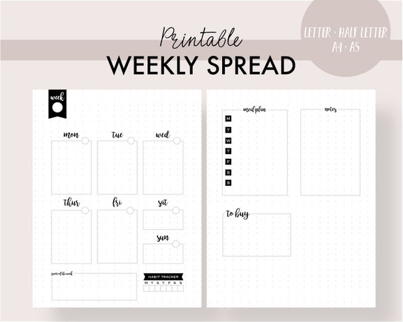 A5 Bullet Journal Style Weekly Spread Planner Inserts Printable