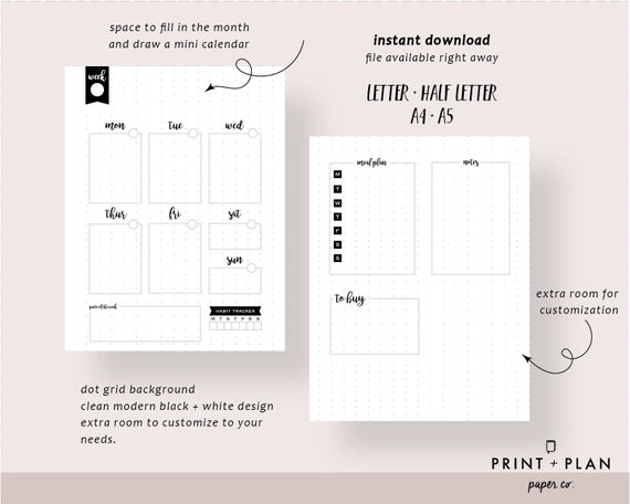 Printable Planner Template Weekly Spread Bullet Journal. Bullet Journal  Inserts. Printable Journal Pages 