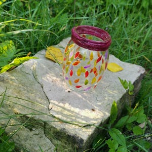 Peut inclure: Un bocal en verre transparent à large ouverture, décoré de motifs en forme de feuilles colorées en rouge, jaune et violet. Le bord est enveloppé d'un matériau violet foncé. Le bocal est posé sur une pierre.