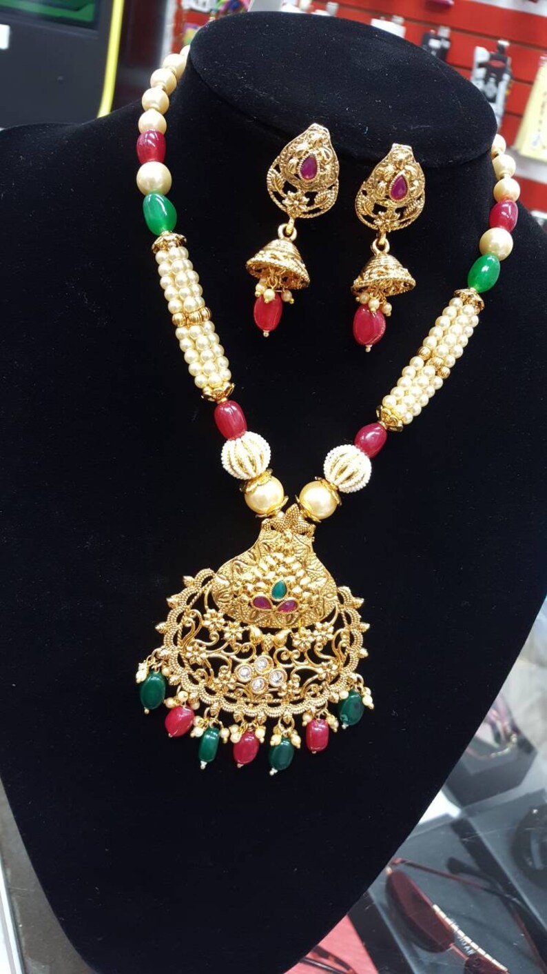 Hypoallergenic Indian Wedding Set Punjabi Rani Kundan Pendant Necklace /& Crystal With Pearls Earring Set Indian Jewellery Sensitive Skin