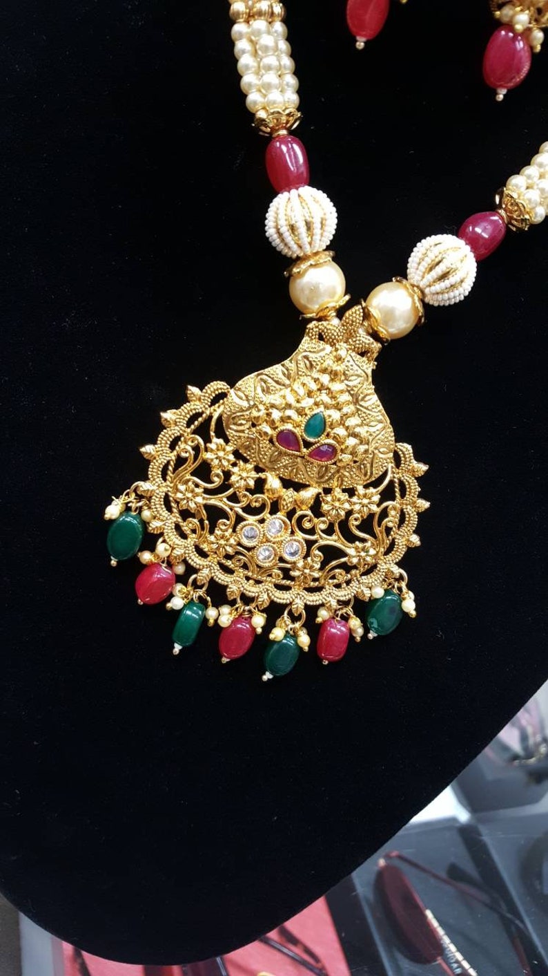 Hypoallergenic Indian Wedding Set Punjabi Rani Kundan Pendant Necklace /& Crystal With Pearls Earring Set Indian Jewellery Sensitive Skin