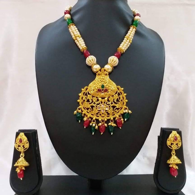 Hypoallergenic Indian Wedding Set Punjabi Rani Kundan Pendant Necklace /& Crystal With Pearls Earring Set Indian Jewellery Sensitive Skin