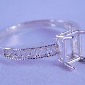 6292 Sterling Silver Filigree Ring Setting, 8x6 MM Emerald Cut Faceted Gemstone, Size 8.5