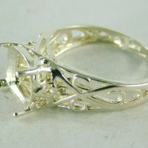 6444 Sterling Silver Filigree Ring Setting, 9x7 mm Cushion Cut Gemstone, Size 7.25 [Free Shipping and Sizing]