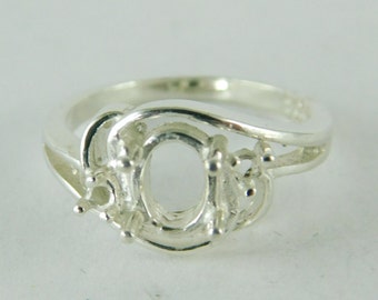 6481 Sterling Silver Ring Setting, 3 Stone, 1- 7x5 MM Oval & 2- 1.7 MM Round Faceted Gemstone, Size 5.25 [Free Shipping and Sizing]