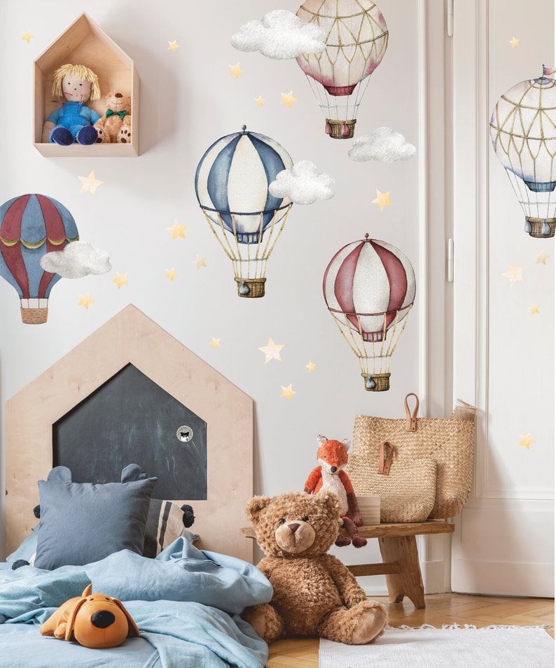 Retro Hot Air Balloons Nursery Wall Decals Watercolor Clouds Etsy