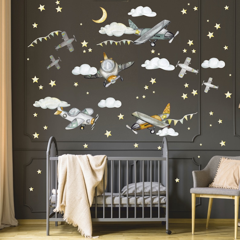 Airplane Nursery Decor Retro Airplane Wall Stickers Boy Etsy