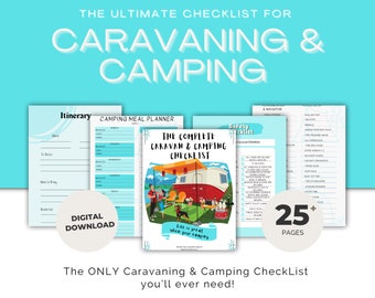 May include: A digital download checklist for caravaning and camping with over 25 pages. The checklist includes sections for itinerary, meal planning, safety, and vehicle maintenance. The cover features a cartoon illustration of a caravan and a dog.