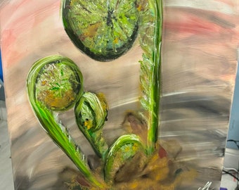 12x24 stretched canvas fiddlehead painting Titled “eternal regrowth”