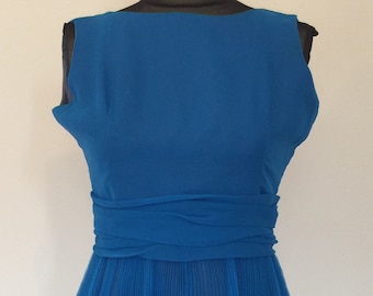 1960s azure blue chiffon plate cocktail dress, with bow detail and waste ruching-sunray pleat Size AU/UK 8 EU 36