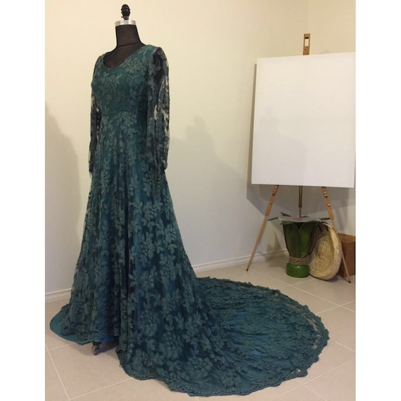 1990’s Cotton Lace Gown, Deep Green, Handmade - A… - image 1