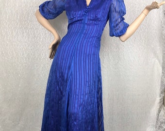 1970s Handmade Maxi Dress Royal Blue Organza with Acetate Lining Size AU/UK6