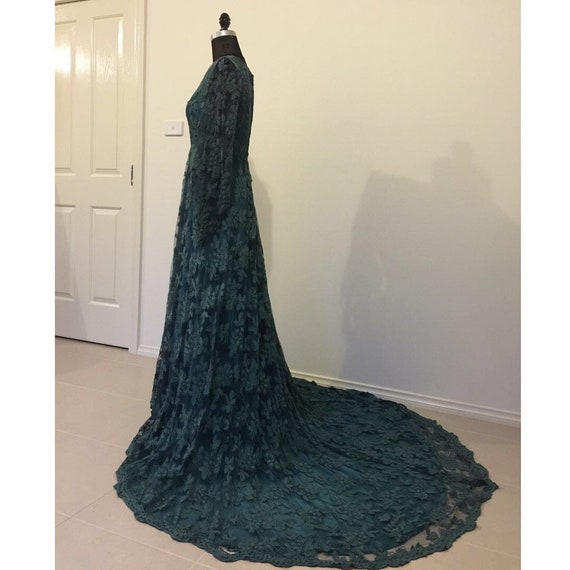 1990’s Cotton Lace Gown, Deep Green, Handmade - A… - image 2