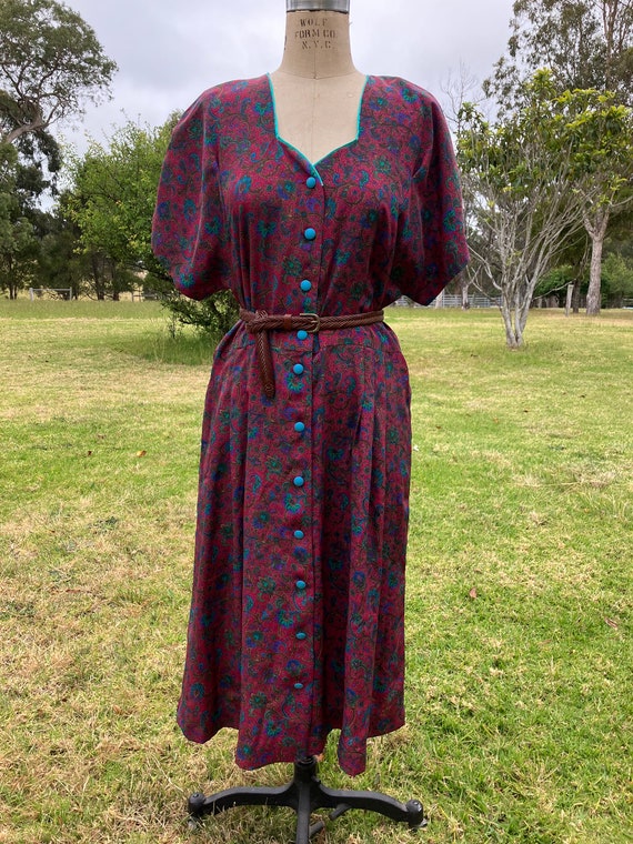 80s/90s Burgundy Floral Print Poly Faille Dress w… - image 1