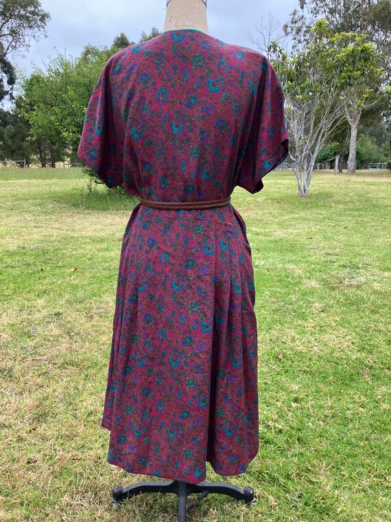 80s/90s Burgundy Floral Print Poly Faille Dress w… - image 2