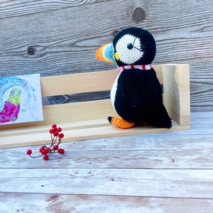 Crochet Puffin Stuffed Animal, Rainbow Beak, black chunky puffin Doll