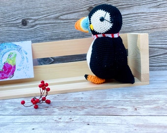 Crochet Puffin Stuffed Animal, Rainbow Beak, black chunky puffin Doll