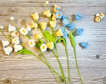 lily of the valley crochet flower, artificial white yellow blue bells artificial bouquet, realistic gift flowers