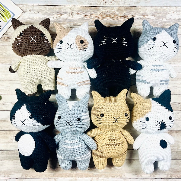 Crochet stuffed chubby large cat , black , white , grey ginger cat plushie cute gift toy chunky cat doll