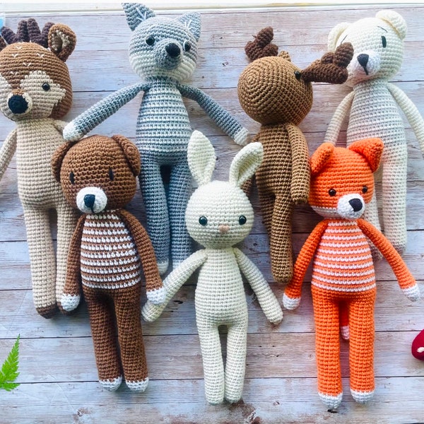 handmade crochet woodland animals toy big stuffed reindeer wolf bunny fox bear long legs arms doll nursery decor primitive style