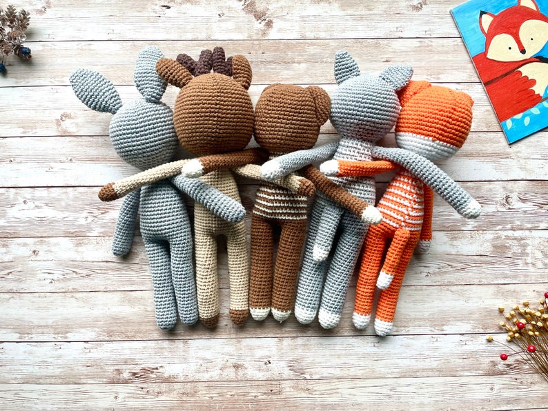 handmade crochet woodland animals toy big stuffed reindeer wolf bunny fox bear long legs arms doll nursery decor primitive style image 3