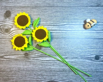 handmade crochet sunflower flowers, artificial yellow flower bouquet, realistic sunflower gift for her, for mother