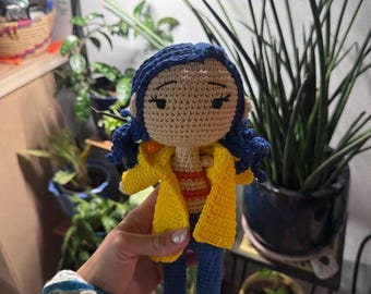 Crochet doll blue in pants and dress up coat