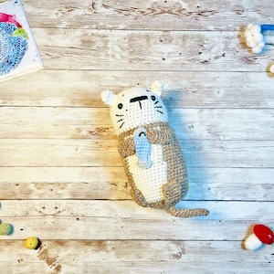 Crochet stuffed chubby sea otter with fish  cute gift toy, chunky otter plushie , stuffed otter