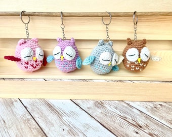 crochet little baby owl keychain charm , small sleeping owl key ring gift miniature crochet toy woodland bird