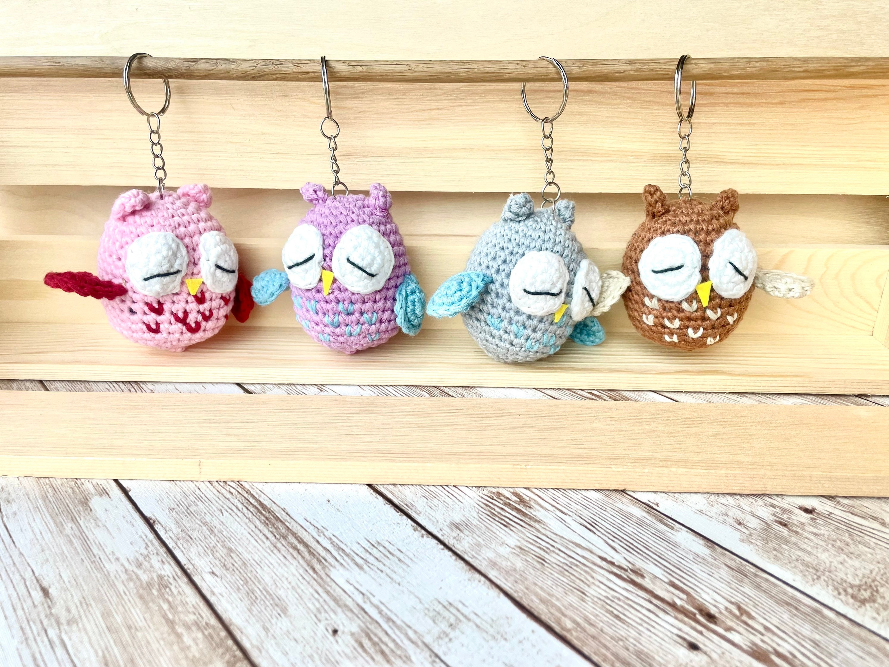 TheWarmCats Crochet Little Baby Owl Keychain Charm , Small Sleeping Owl Key Ring Gift Miniature Crochet Toy Woodland Bird