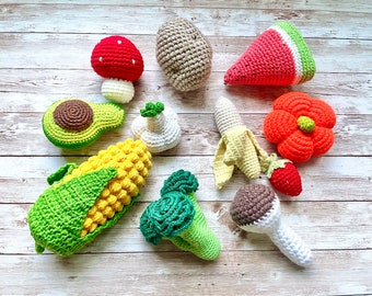 montessori baby and toddler  toys set of 11 pretend play food farmers market vegetables and fruit mix crochet veggies stuffed toys