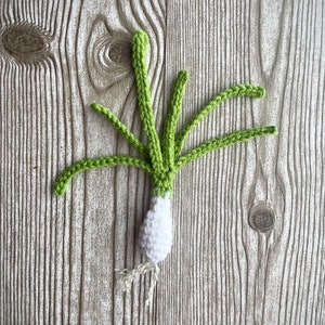 May include: A crocheted green onion with a white bulb and green stems. The onion is sitting on a light brown wooden surface.