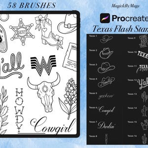 May include: A digital art set featuring 58 brushes and Texas-themed flash stamps for Procreate. The set includes cowboy hats, boots, cacti, and phrases like "Y'all" and "Howdy" in a black and white design.