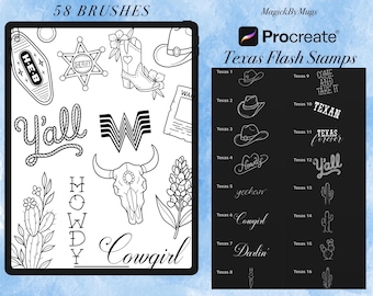 Texas Flash Stamp Set | 58 Procreate Tattoo Stamps | Cowgirl Western Tattoo Brushes | Texas Tattoo Flash Procreate (Digital Download)