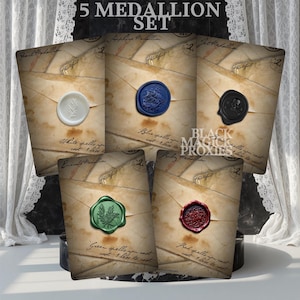 May include: A 5 Medallion Set of game cards featuring wax seal designs. The cards display white, blue, black, green, and red wax seals on aged parchment backgrounds with handwritten text. The set is titled 5 MEDALLION SET and BLACK MAGICK PROXIES.