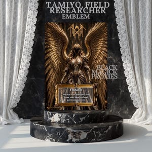 May include: A rectangular game card titled TAMIYO, FIELD RESEARCHER EMBLEM by BLACK MAGICK PROXIES. The card features a golden winged figure and a text box stating: Emblem. You may cast nonland cards from your hand without paying mana costs.
