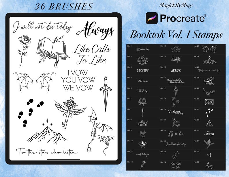 BookTok Vol. 1 Procreate Brushes | 36 Fantasy & Quote Stamps | Dragons, Daggers, Wings, Books | Digital Brush Set image 1