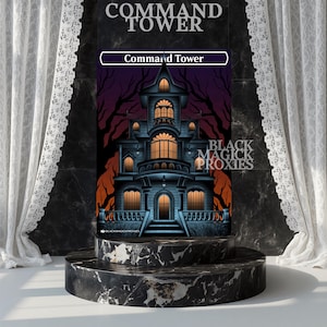 May include: A rectangular game card titled Command Tower featuring a dark blue multi-story mansion with glowing orange windows against a purple and black sky with silhouetted trees. The text Black Magick Proxies is printed on the right side.