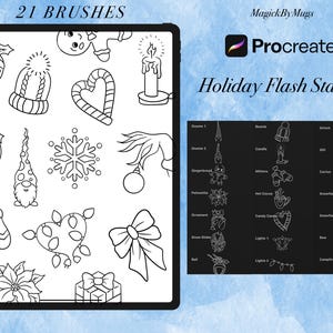 Puede incluir: Un conjunto de arte digital para Procreate con sellos flash temáticos de vacaciones. La imagen muestra una tableta con 21 diseños de pinceles, incluyendo un copo de nieve, un bastón de caramelo y adornos. El texto "21 BRUSHES" y "Holiday Flash Stamps" son visibles.