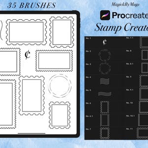 May include: A digital illustration of 35 Procreate brushes for creating stamp designs. The brushes include various shapes, lines, and patterns, such as circles, wavy lines, and postage stamp borders. The image also includes the text "MagickByMugs" and "Procreate Stamp Creator".
