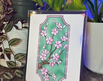 Impresión de vidrieras de flores de cerezo / Arte botánico de Sakura