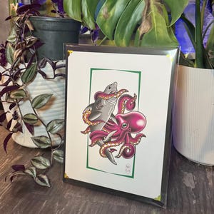 Shark & Octopus Art Print | Tattoo Flash Style | Nautical Sea Creature Decor | Mounted on Chipboard