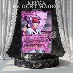 May include: A rectangular trading card featuring an anime-style character with red hair, wearing a white shirt with black symbols. The card displays the text Hisoka, Kefka, Court Mage, and game rules in pink and black against a purple background.