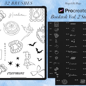 May include: A digital art set for Procreate, with 32 brushes and stamps. The design includes line art illustrations of hearts, bats, stars, and text like "evermore" and "starborn". The set is titled "Booktok Vol. 2 Stamps".